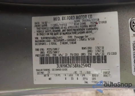 2008 Lincoln Mkz z USA, uszkodzony, nr VIN 3LNHM26T58R625442